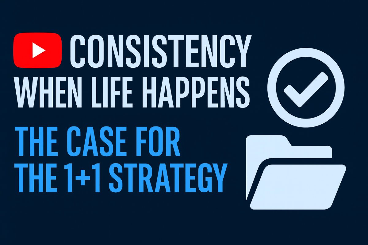 YouTube Survival Guide graphic with the title ‘Consistency When Life Happens: The Case for the 1+1 Strategy’ in bold white and blue text on a dark blue background, featuring the YouTube logo on the left and icons of a checkmark and a folder on the right.