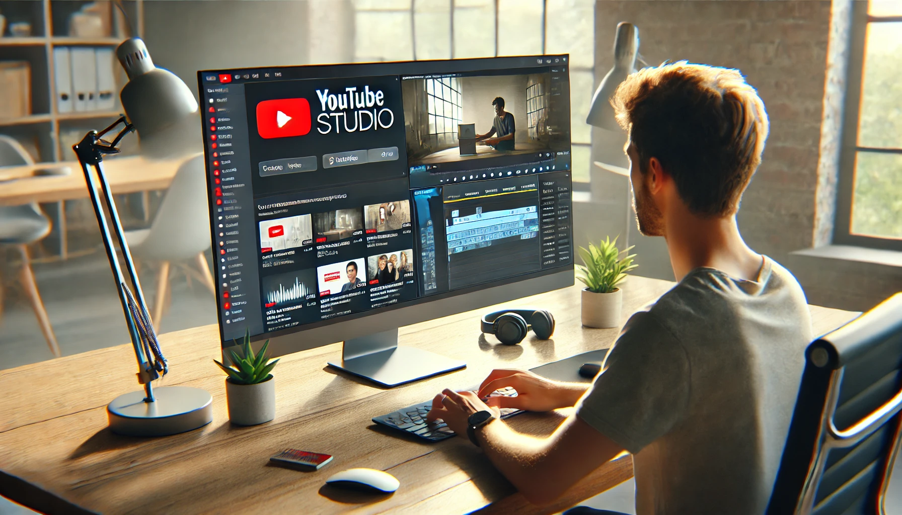 Graphic of man sitting at a computer in a room with natural light.